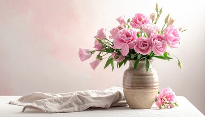 Elegant bouquet of delicate pink lisianthus flowers in a ceramic vase.