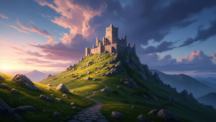 Obraz premium Majestic castle on a hill illuminated by the sunset light