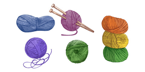 Hand drawn vintage sketch of colorful yarn balls, knitting needles and stacked skeins, isolated vector illustration