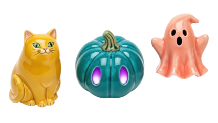 Isolated Halloween decorations, yellow cat, teal pumpkin, peach ghost, traditional holiday decor