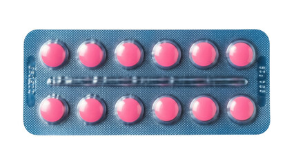 Isolated blister pack of pink pills, medicines or drugs packed on a blue packaging sheet