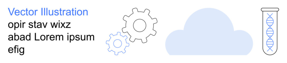 Data storage, cloud technology, biotechnology, science icons, industrial processes, innovation. Minimalist design with gears, a cloud and a test tube with a DNA helix. Cloud technology