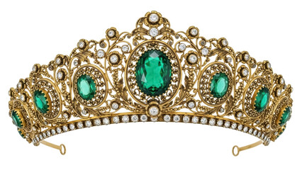 Isolated golden tiara with emeralds and diamonds, beautiful crown for a princess queen ceremony