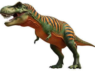 Obraz premium Isolated ferocious tyrannosaurus rex with orange and black tiger stripes on green skin