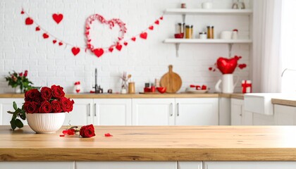 Romantic kitchen interior decorated for Valentines Day with red roses and heart ornaments.