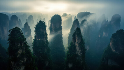 Majestic Zhangjiajie National Forest Park with mist shrouded peaks China