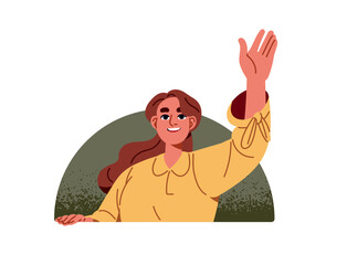 Happy girl is peeking outside hole and greeting. Young woman looks out window, hand up and waving. person peeps, says hello with welcome gesture. Flat isolated vector illustration on white background