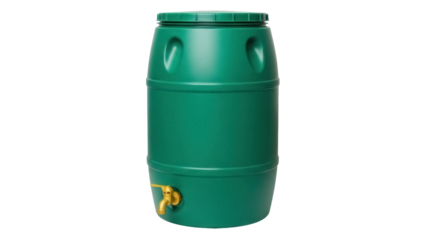 Isolated green rainwater barrel with faucet for eco-friendly gardening and conservation