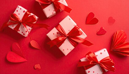 Festive arrangement of beautifully wrapped gift boxes with red ribbons and hearts on a vibrant red background.