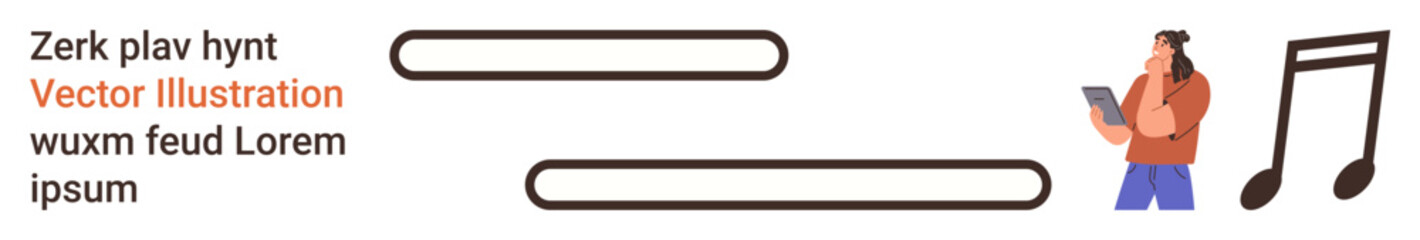 Music, creative workflow, audio production, songwriting, digital media, innovation. Person holding tablet next to music notes and audio tracks. Music and creative workflow