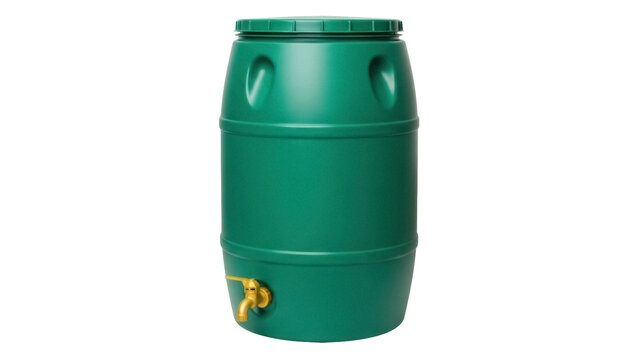 Isolated green rainwater barrel with faucet for eco-friendly gardening and conservation