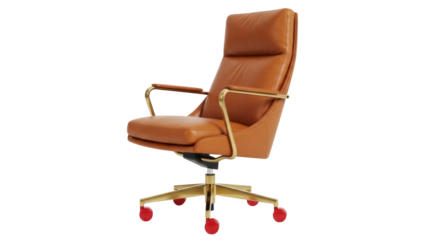 Isolated leather office chair featuring a mid-century modern design with red wheels for comfort
