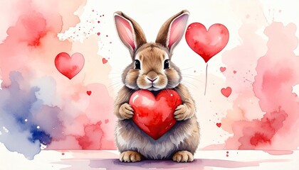 Cute bunny holding red heart watercolor art with heart balloons.