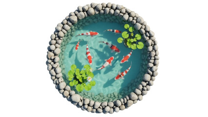 Isolated aerial view of Koi pond, decorative stones, lily pads, and red and white fish