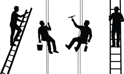 Window cleaner working silhouettes set, maintenance, construction, high-rise building, ladder, safety harness, rope access, occupation, service, worker. © MD SHAHARIR