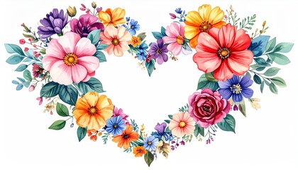 Heart shaped floral arrangement watercolor illustration with vibrant colorful flowers.