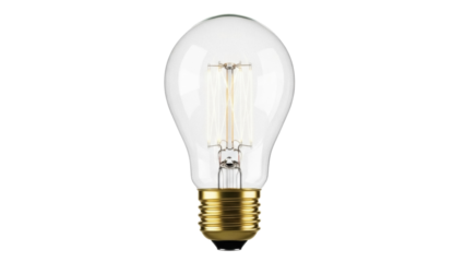 Isolated clear glass light bulb with gold colored base and vintage filament design inside