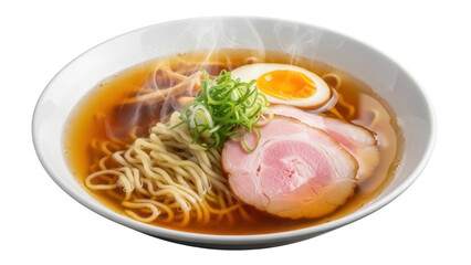 Isolated bowl of hot ramen noodle soup with pork, egg, and green onion on a table