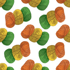 Hand drawn vintage seamless pattern of colorful skeins of yarn in orange, yellow and green, isolated illustration