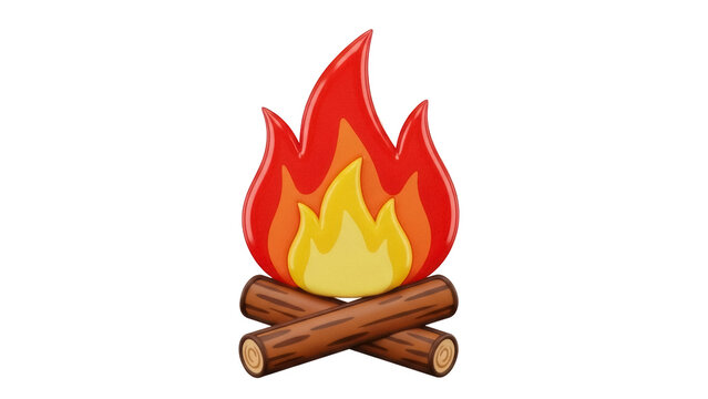 Isolated campfire with logs and red, orange, yellow flames is burning merrily outdoors