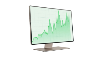Isolated monitor displays green line chart, computer screen visualizing financial data