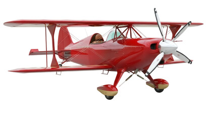 Isolated red biplane airplane with a propeller against a light backdrop, vintage aircraft © Ivan