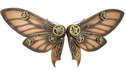 Isolated steampunk mechanical wings, fantasy or retro design with cogs and gears detail