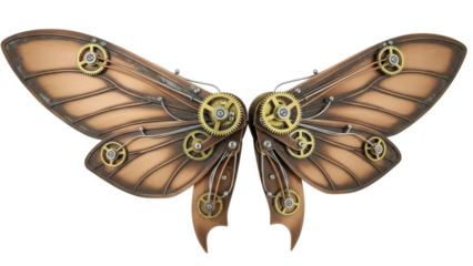 Isolated steampunk mechanical wings, fantasy or retro design with cogs and gears detail