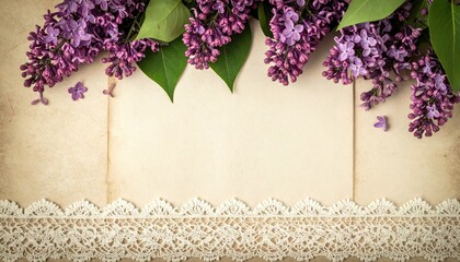 Vintage Lilac Flowers and Lace Border on Rustic Wood Background for Spring Design.