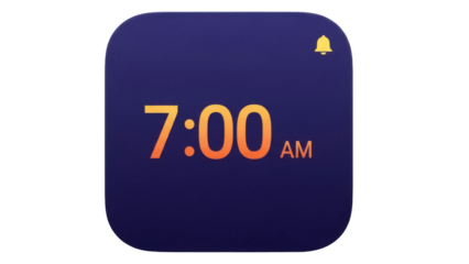 Isolated icon on a blue alarm app, showing the time as seven a.m. to wake up for morning