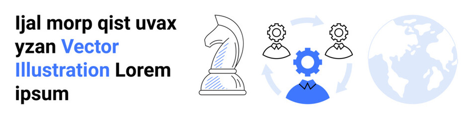 Strategy planning, teamwork, global solutions, innovation, leadership, corporate processes. Chess knight, gear and globe icons with arrows. Strategy planning and teamwork concept