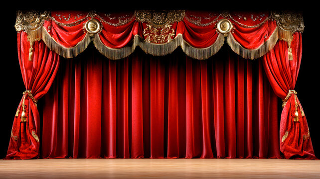 Red velvet stage or theater curtain, old pompous design
