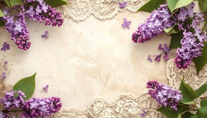 Vintage floral background with delicate lace and blooming purple lilac flowers.