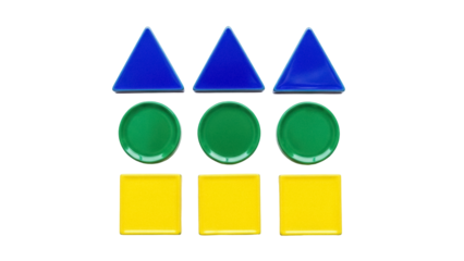 Isolated shiny geometrical blocks. Plastic toys for children and kids in rows and colors.
