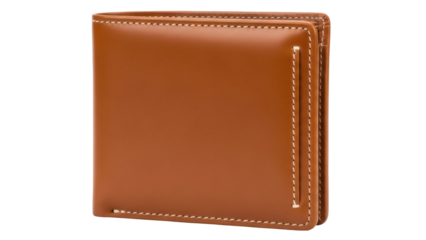 Isolated wallet on clear background, brown leather bi-fold with stitching, new billfold