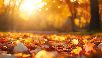 Vibrant Autumn Leaves on Ground with Warm Sunlight and Trees in Background during Fall Season