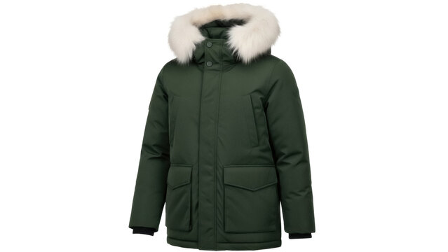 Isolated Green Parka Jacket with Fur Trim Hood Winter Coat Fashion Apparel Outerwear Clothing