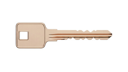 Isolated metal key for locking systems, door hardware, or security access, close-up view