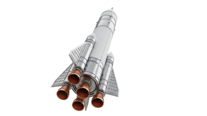 Isolated futuristic rocket ready to launch, vertical composition, rendered artwork, silver and bronze