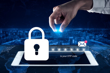 A close-up view of a secure hand interacting with a digital lock and one-time password code on a tablet, highlighting global connectivity and email alerts for enhanced security. Gantry