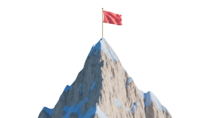 Isolated mountain peak with red flag at the summit symbolizing victory and achievement