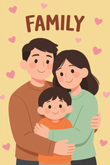 Cute Family Hugging with Hearts Decoration for Love Parenting and Child Care Concept Illustration on Yellow Background
