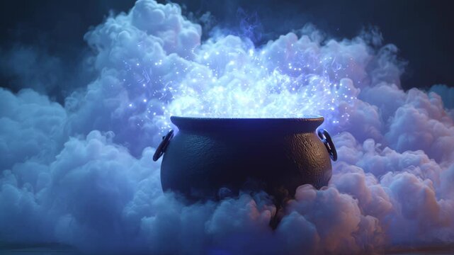 floating cauldron with glowing mist rising, surreal magical festive design