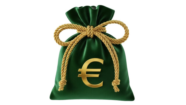 Isolated dark green money bag with euro currency symbol on surface tied with gold cord