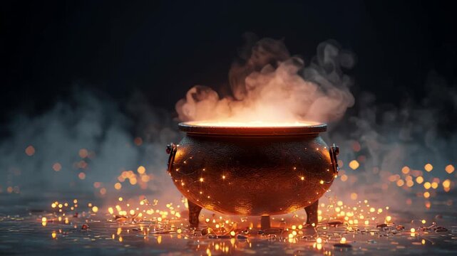 floating cauldron with glowing mist rising, surreal magical festive design