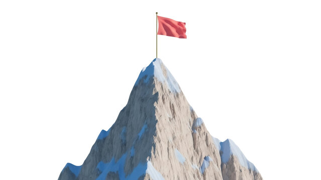 Isolated mountain peak with red flag at the summit symbolizing victory and achievement