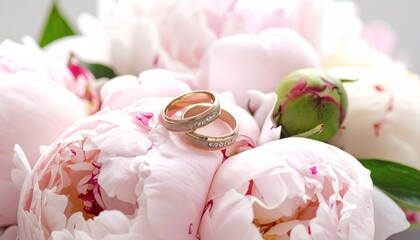 Elegant wedding rings resting on soft pink peony flowers symbolizing love and commitment.