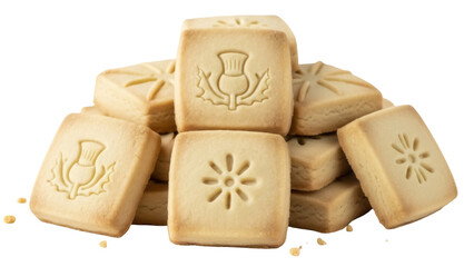 Isolated pile of Scottish shortbread cookies with flower, thistle symbols for St Andrews Day