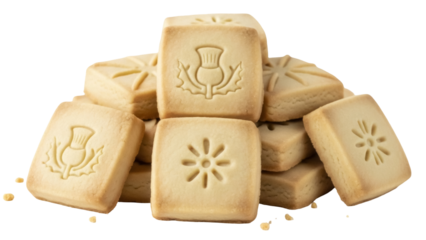 Isolated pile of Scottish shortbread cookies with flower, thistle symbols for St Andrews Day