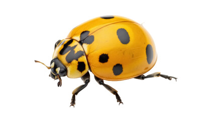 Isolated yellow ladybug crawling, close-up insect with black spots, Coccinellidae species, bug, macro © Maria